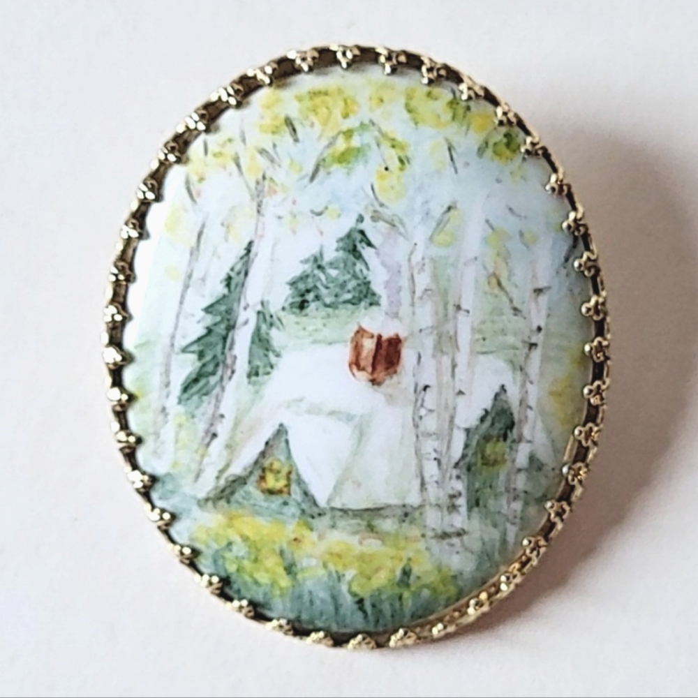 PORCELAIN WINTER SCENE BROOCH - VINTAGE HANDPAINTED